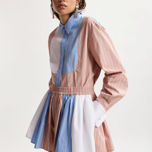 light blue and white oversized striped cotton shirt with contrast panel