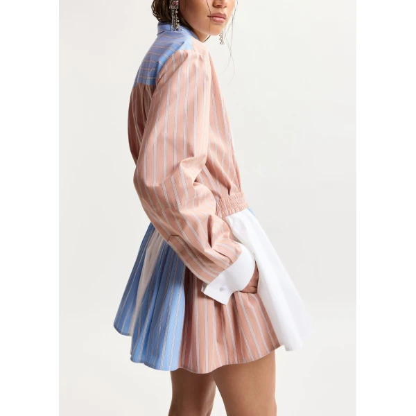 Essentiel Antwerp Camel, light blue and white striped cotton shorts with elasticated waistband, view 3