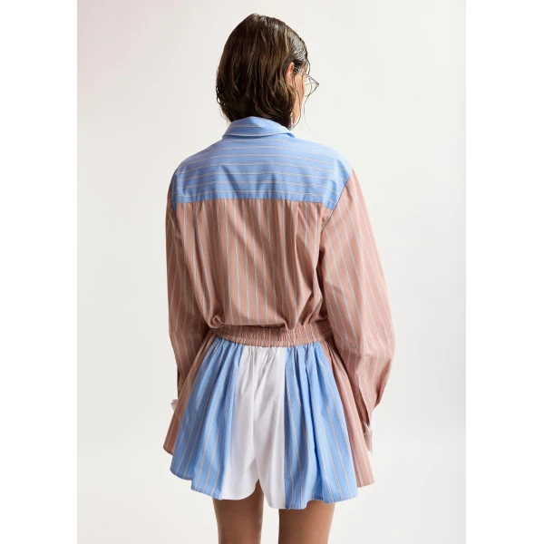 Essentiel Antwerp Camel, light blue and white striped cotton shorts with elasticated waistband, view 5