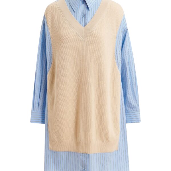 Cream and light blue knit-panel oversized shirt dress