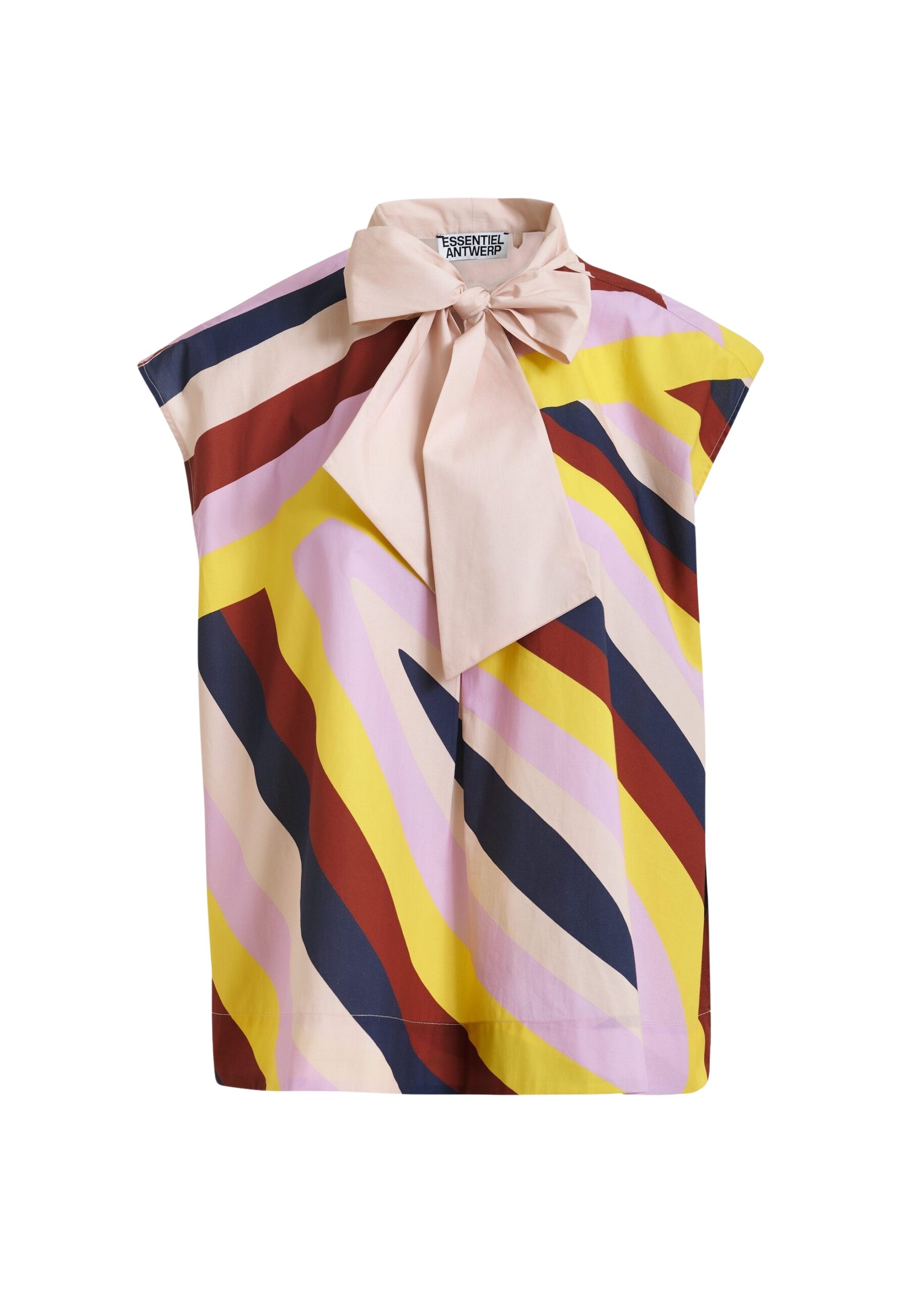 Cream and multicolor graphic sleeveless top with tie neckline