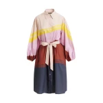 Cream and multicolor oversized cotton shirt dress with placed stripe print