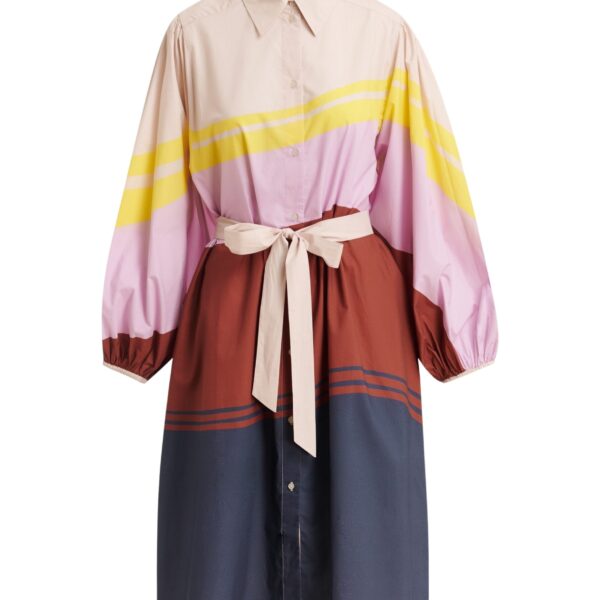 Cream and multicolor oversized cotton shirt dress with placed stripe print