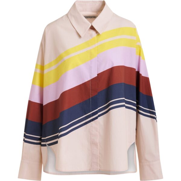 Cream and multicolor oversized cotton shirt with placed stripe print