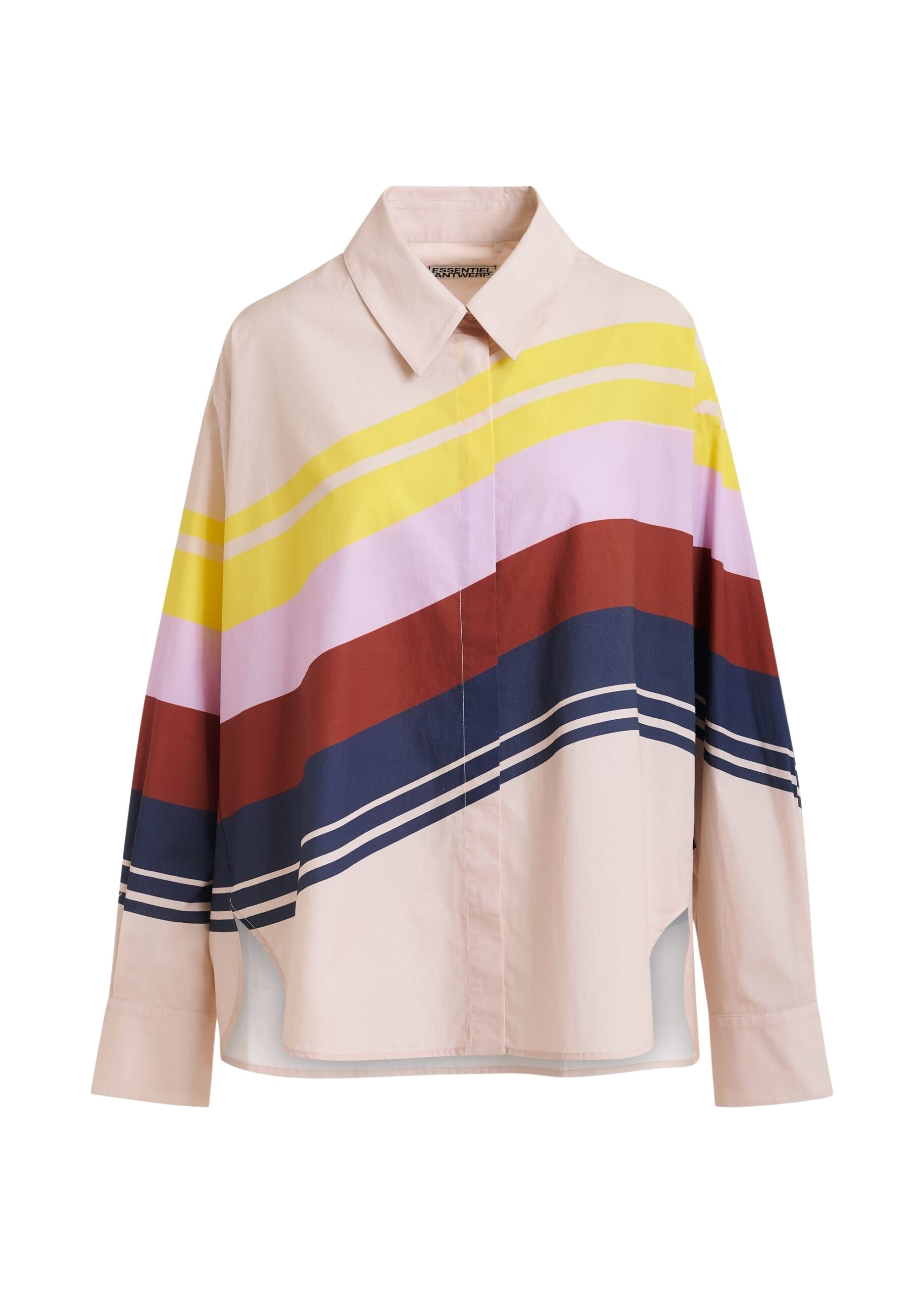 Cream and multicolor oversized cotton shirt with placed stripe print