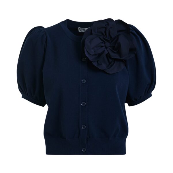 Dark blue fine knit cardigan with oversized flower brooch