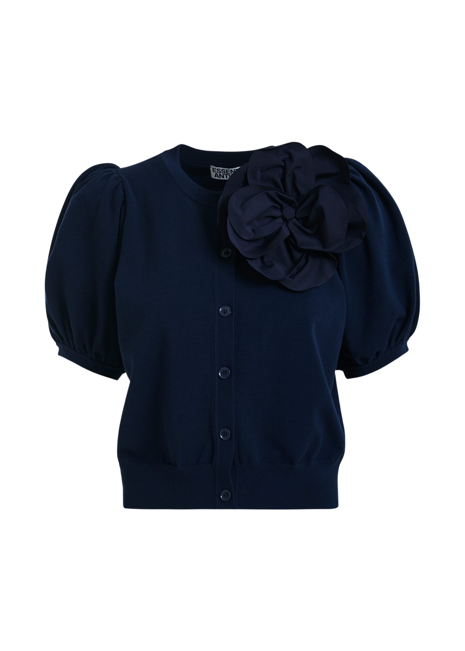 Dark blue fine knit cardigan with oversized flower brooch