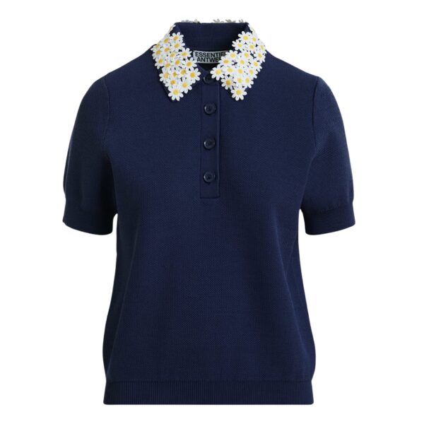 Dark blue fine knit polo top with white and yellow floral embellished collar