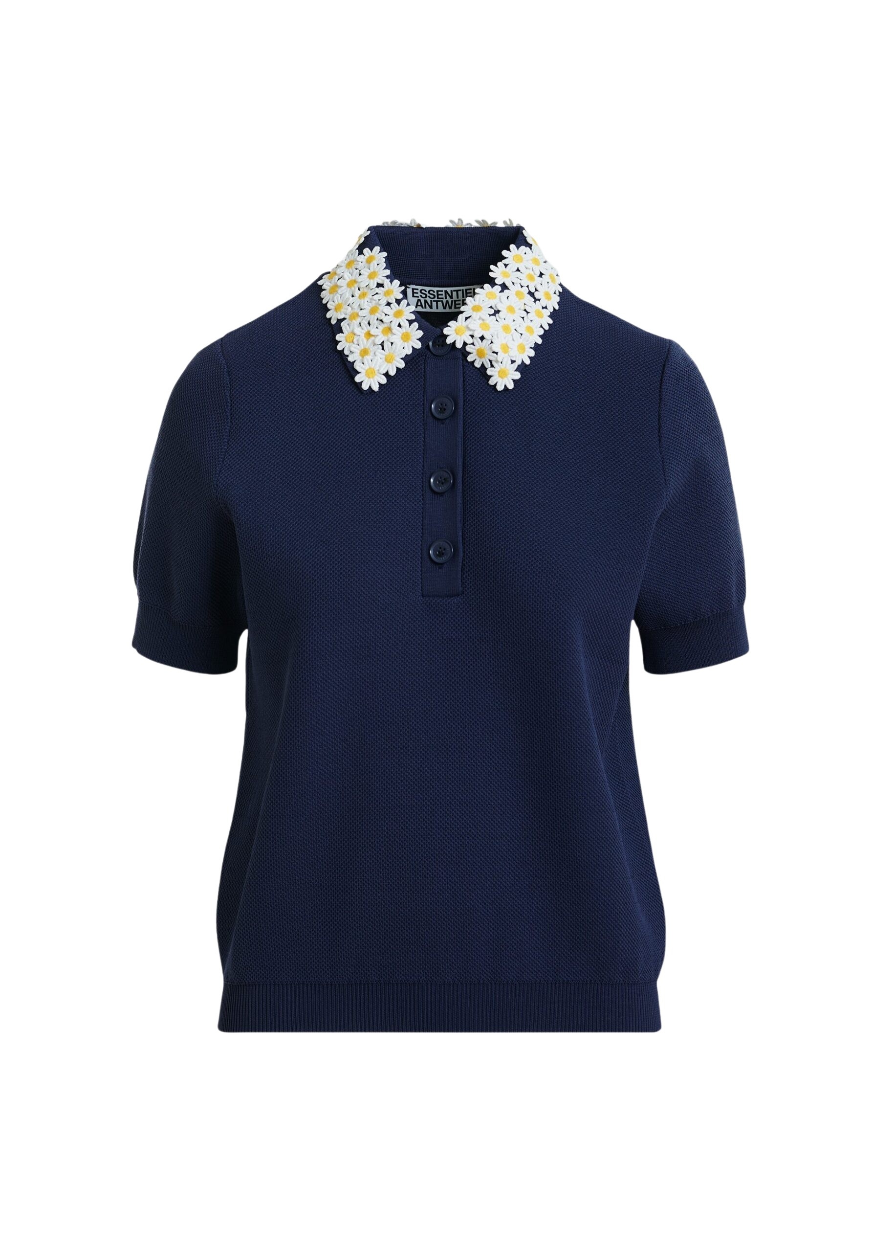 Essentiel Antwerp Dark blue fine knit polo top with white and yellow floral embellished collar