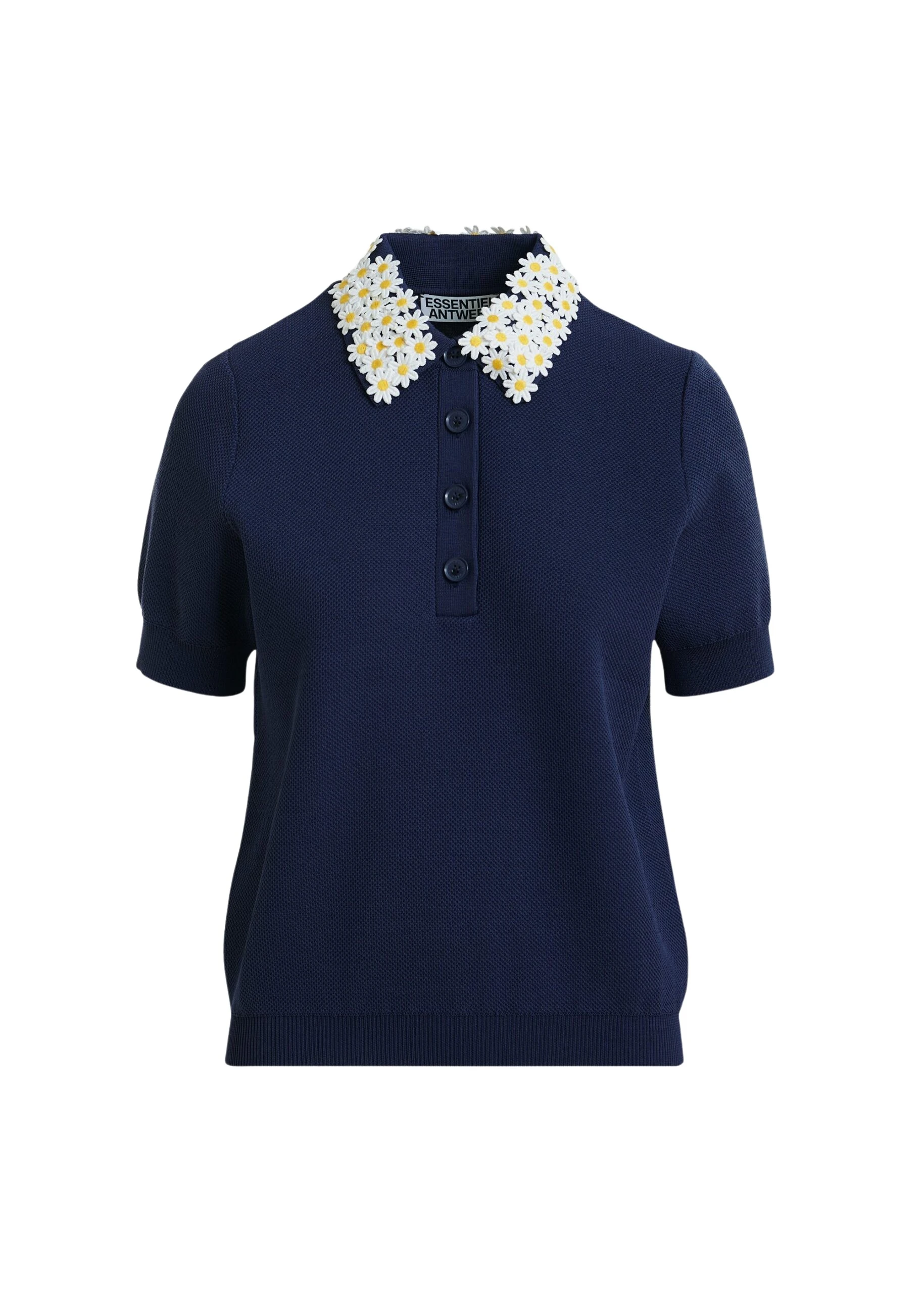 Essentiel-Antwerp-Dark-blue-fine-knit-polo-top-with-white-and-yellow-floral-embellished-collar-scaled80793_nobg Dark blue fine knit polo top with white and yellow floral embellished collar