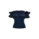Dark blue off-shoulder knit top with ruffle trim