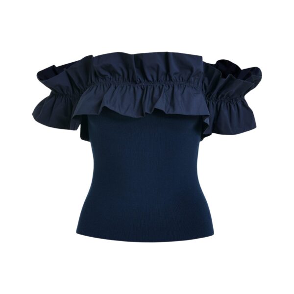 Dark blue off-shoulder knit top with ruffle trim