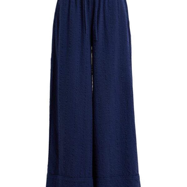Dark blue wide-leg pants with contrast stitching