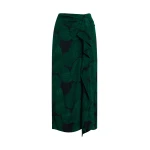 Dark green and black draped midi skirt with tropical print