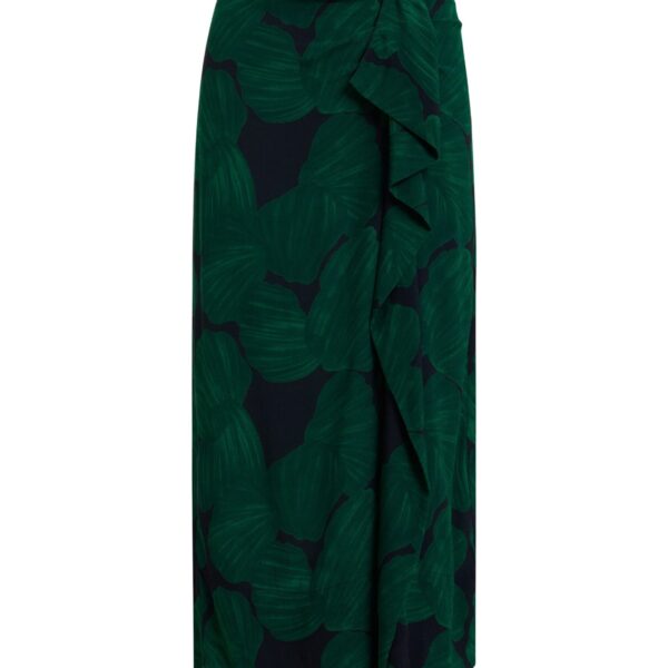 Dark green and black draped midi skirt with tropical print