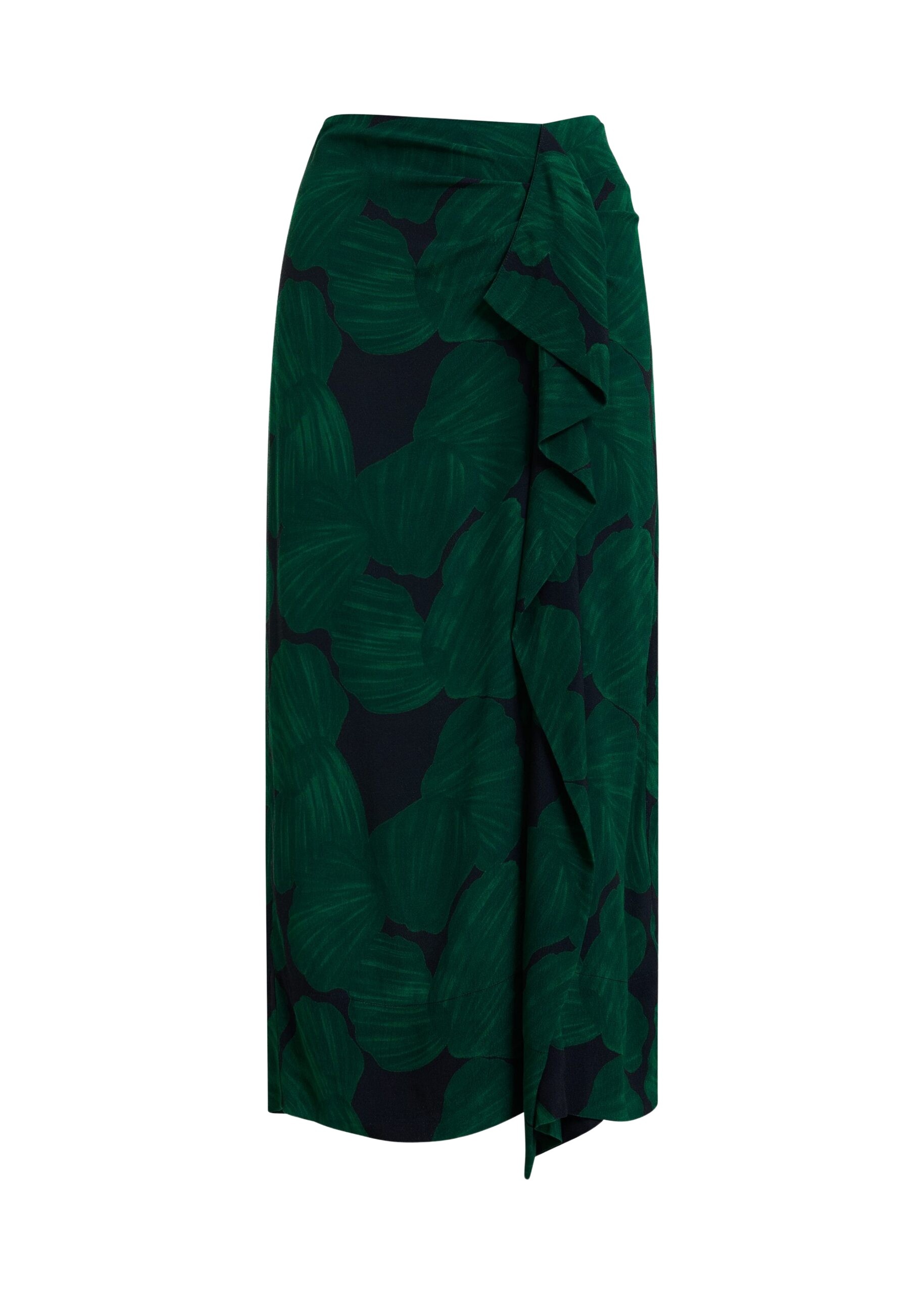 Dark green and black draped midi skirt with tropical print