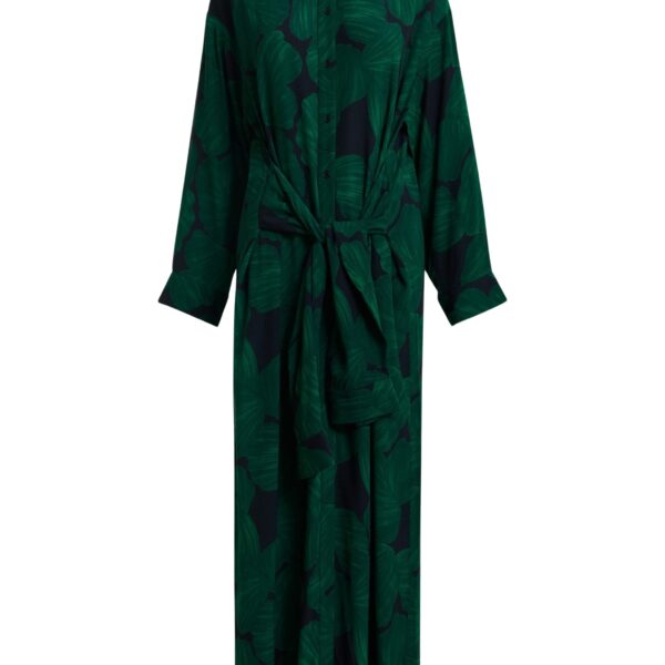Dark green and black tropical print shirt dress with faux shirt sleeve detail