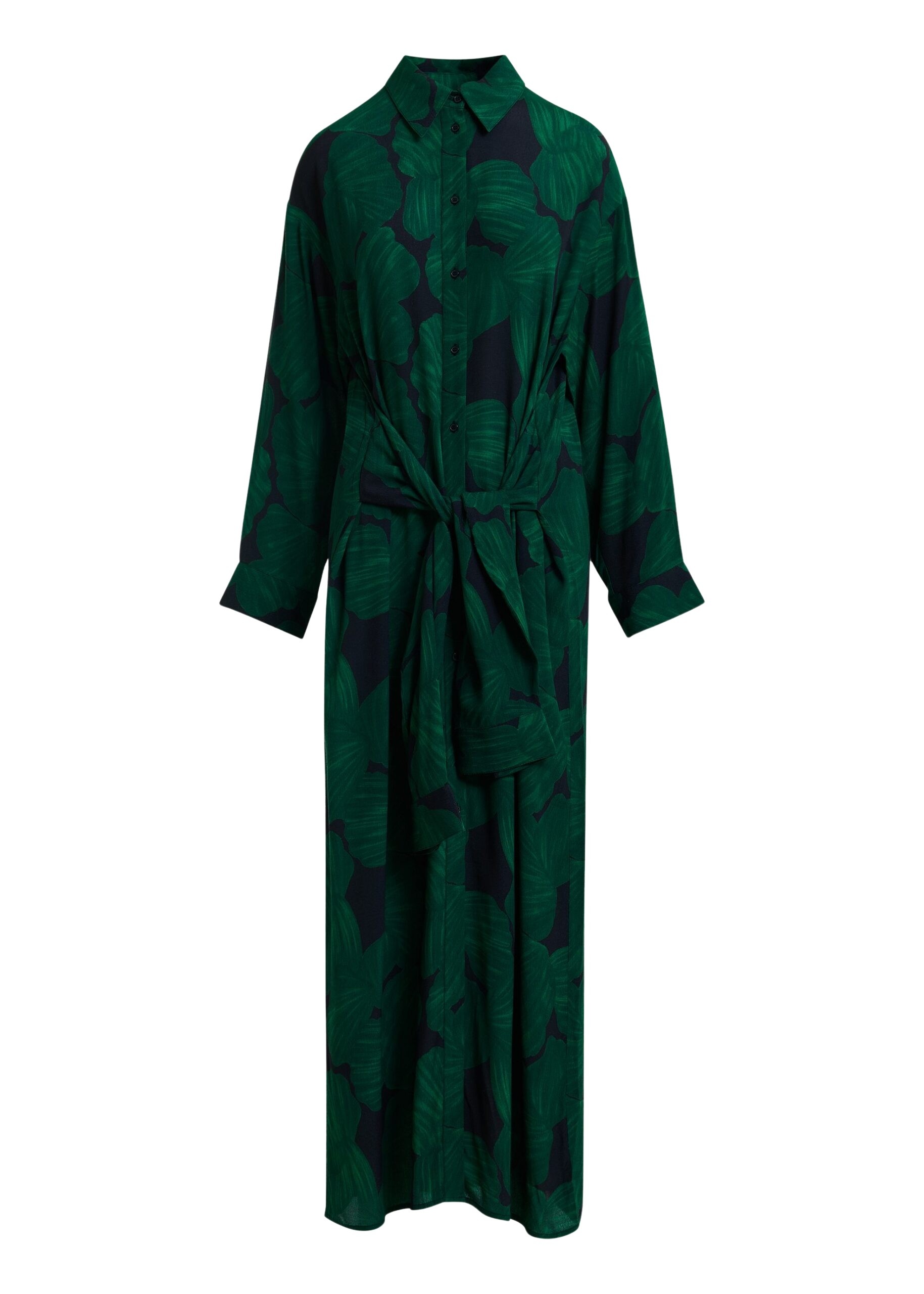 Dark green and black tropical print shirt dress with faux shirt sleeve detail