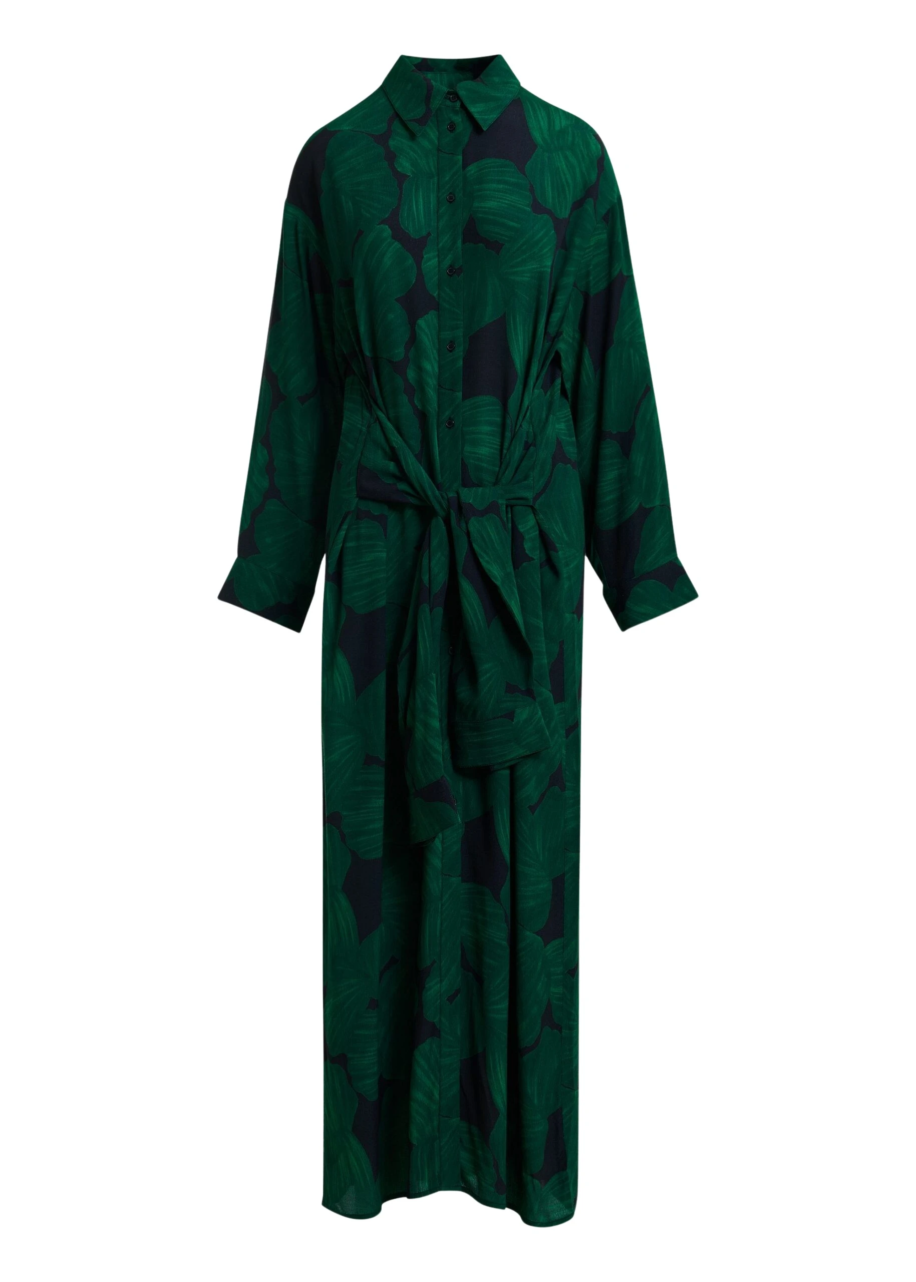 Essentiel-Antwerp-Dark-green-and-black-tropical-print-shirt-dress-with-faux-shirt-sleeve-detail-scaled81273_nobg Dark green and black tropical print shirt dress with faux shirt sleeve detail