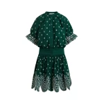 Dark green and white embroidered cotton mini dress with mandarin collar