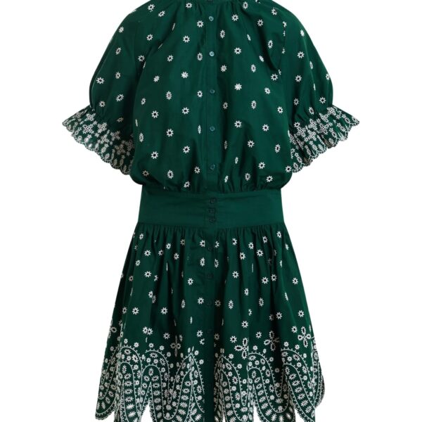Dark green and white embroidered cotton mini dress with mandarin collar