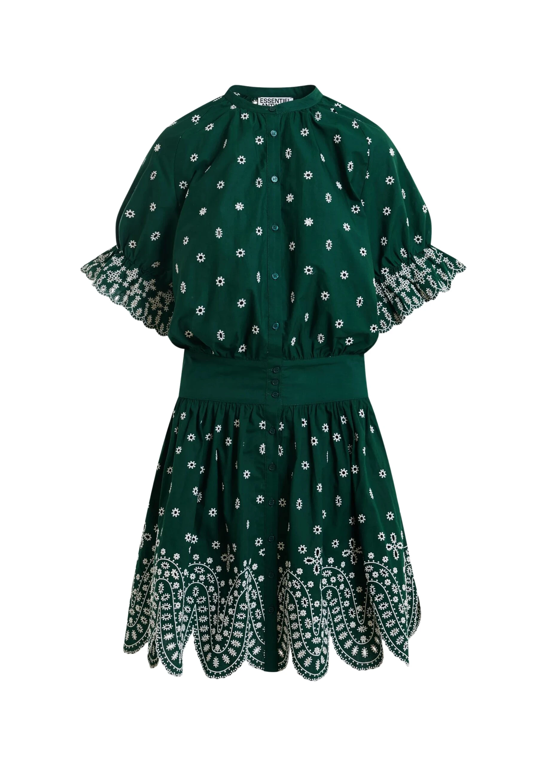 Essentiel-Antwerp-Dark-green-and-white-embroidered-cotton-mini-dress-with-mandarin-collar-scaled47077_nobg Dark green and white embroidered cotton mini dress with mandarin collar