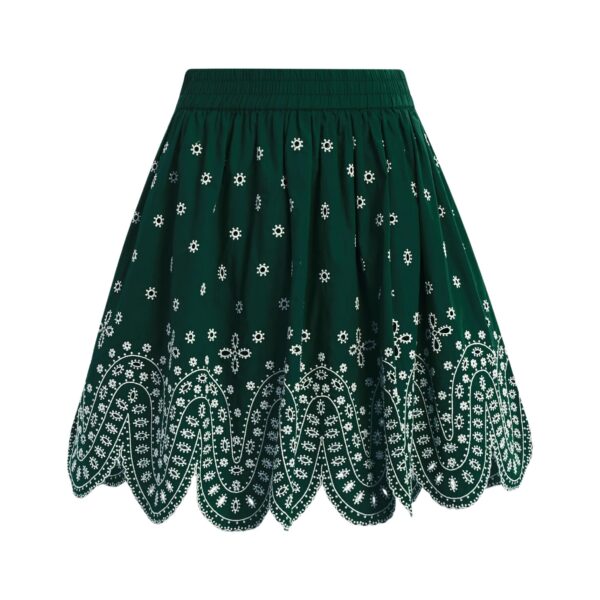 Dark green and white embroidered cotton skirt with scalloped hemline