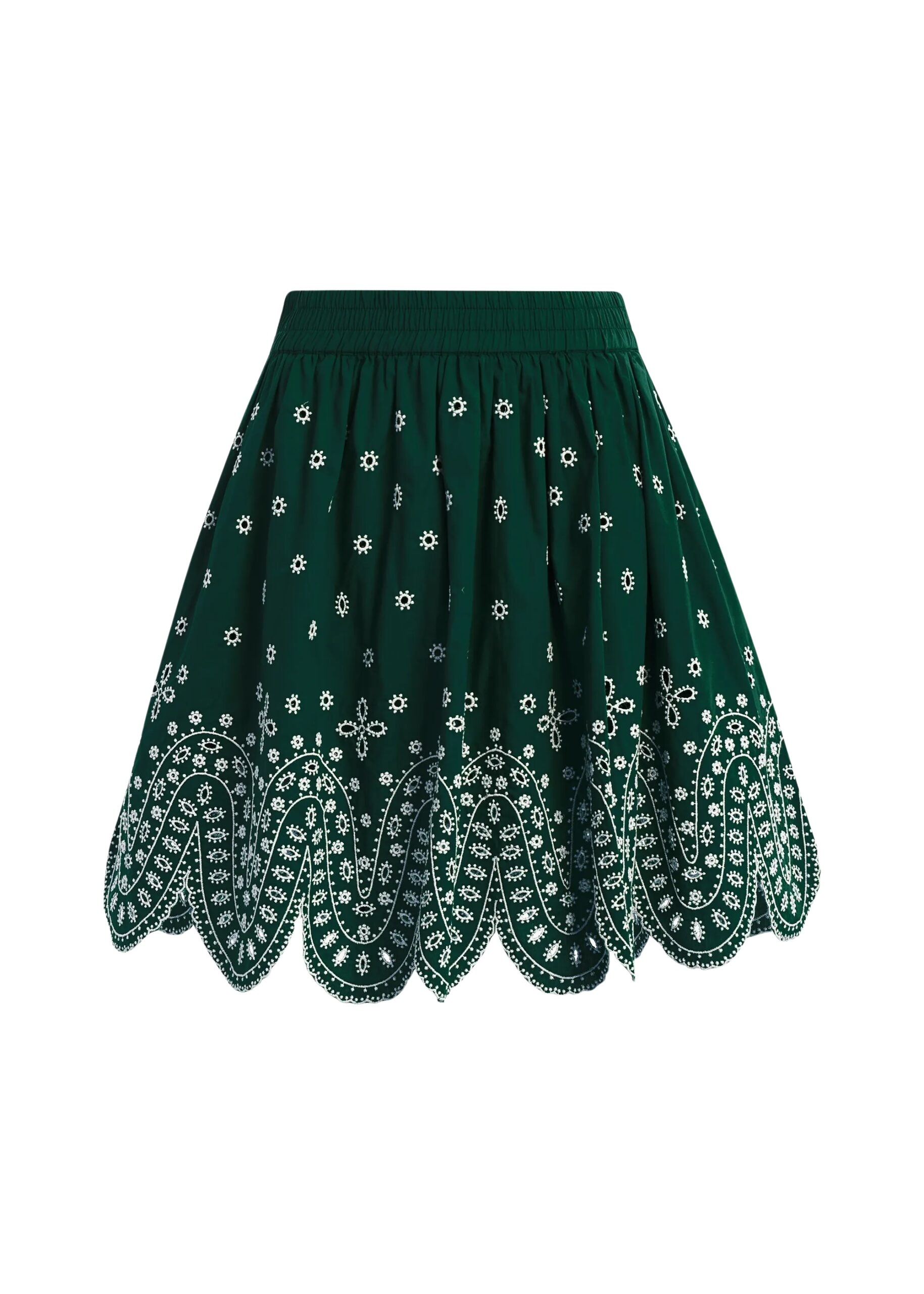 Dark green and white embroidered cotton skirt with scalloped hemline
