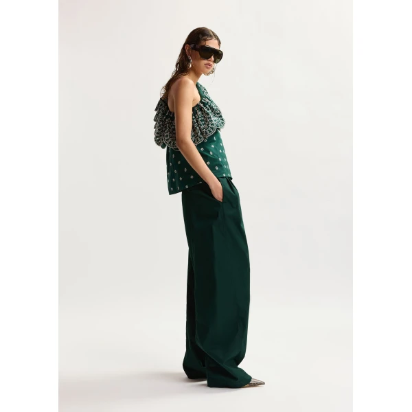 Essentiel Antwerp Dark green and white embroidered one-shoulder cotton top with ruffle detailing, view 4
