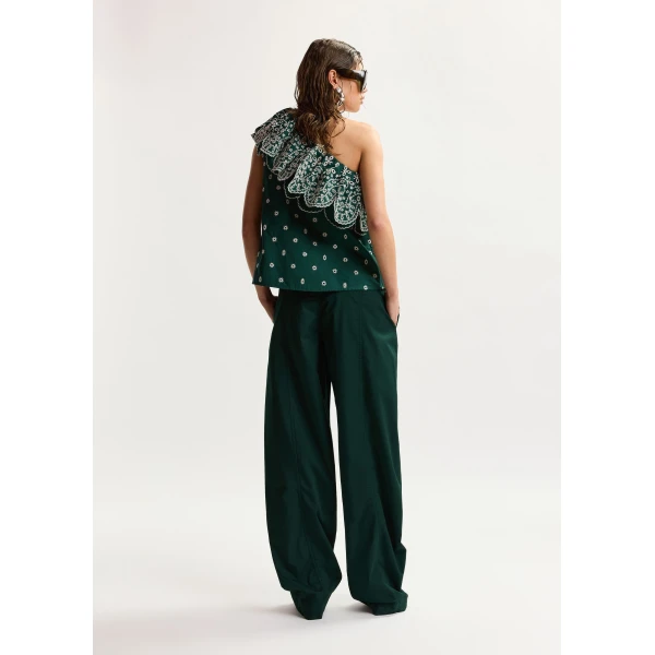 Essentiel Antwerp Dark green and white embroidered one-shoulder cotton top with ruffle detailing, view 5