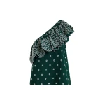 Dark green and white embroidered one-shoulder cotton top with ruffle detailing