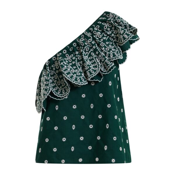 Dark green and white embroidered one-shoulder cotton top with ruffle detailing
