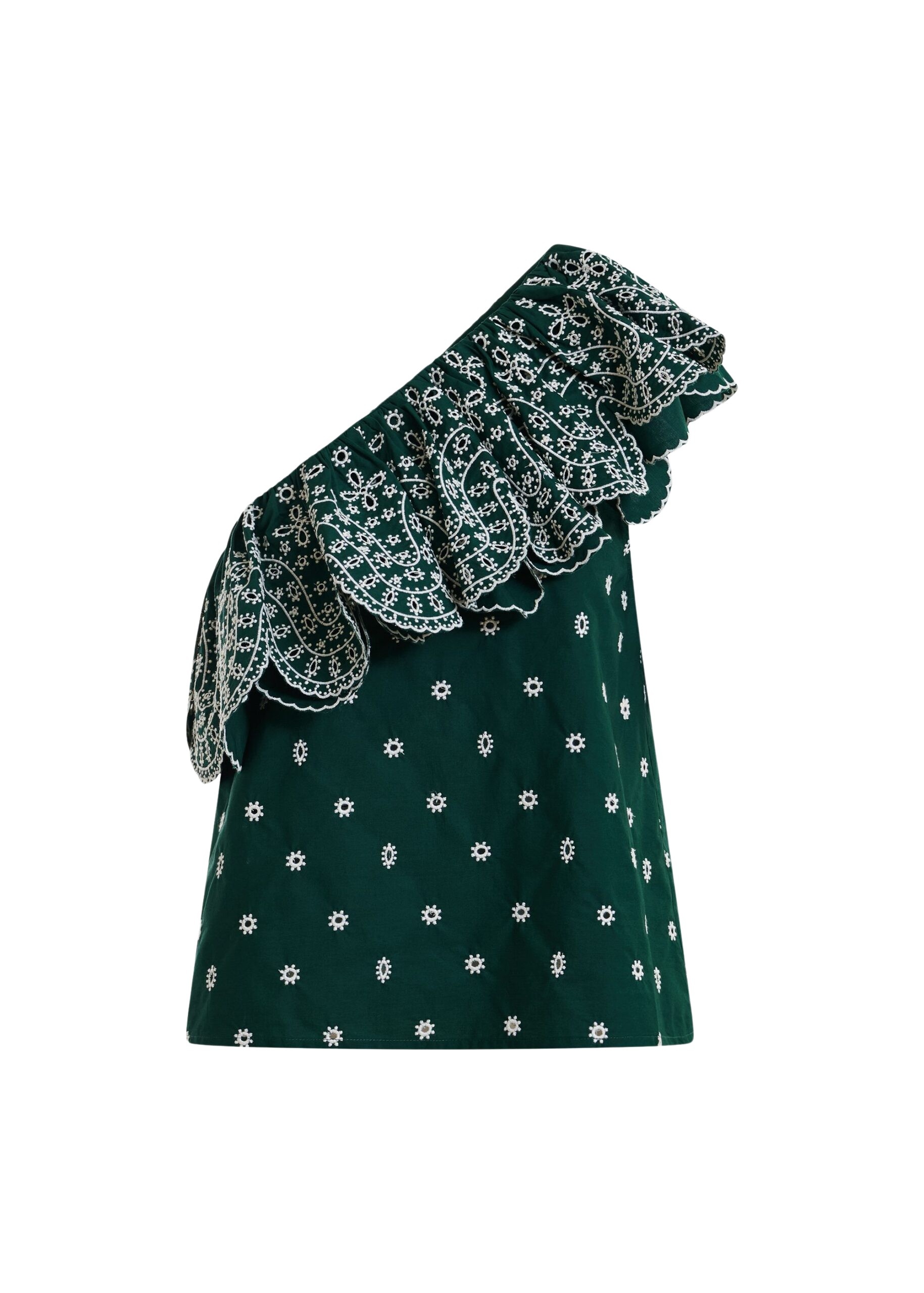 Dark green and white embroidered one-shoulder cotton top with ruffle detailing