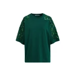 Dark green cotton T-shirt with floral sequin and bead-embellished embroidery