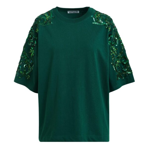 Dark green cotton T-shirt with floral sequin and bead-embellished embroidery