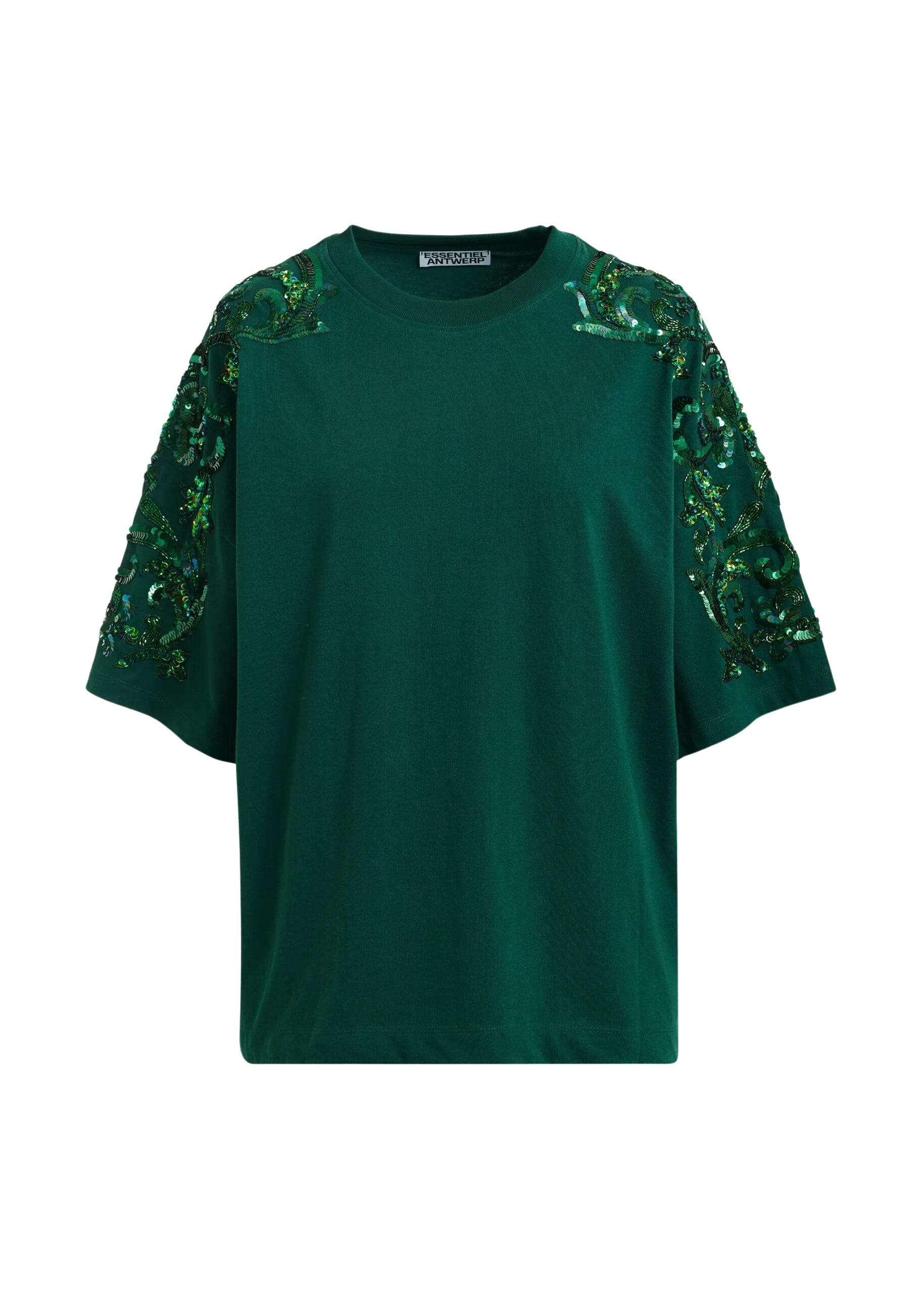 Dark green cotton T-shirt with floral sequin and bead-embellished embroidery