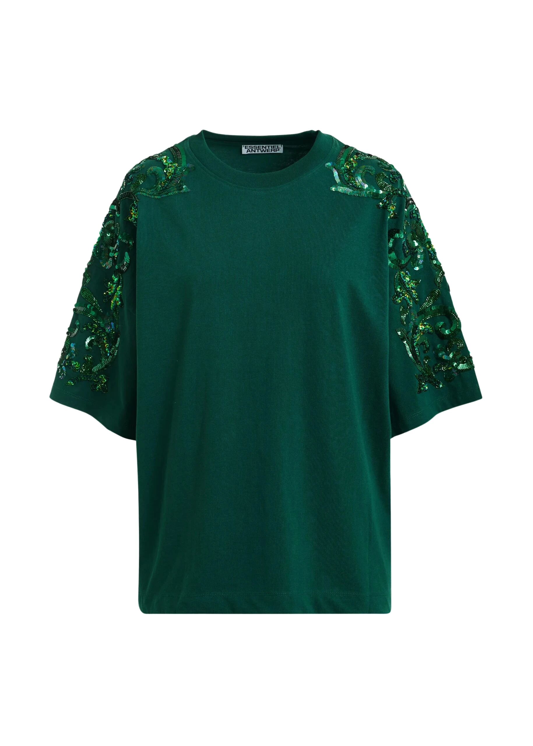 Essentiel-Antwerp-Dark-green-cotton-T-shirt-with-floral-sequin-and-bead-embellished-embroidery-scaled14967_nobg Dark green cotton T-shirt with floral sequin and bead-embellished embroidery