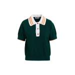 Dark green fine knit polo top with white and orange lace-trimmed collar and strawberry-shaped buttons