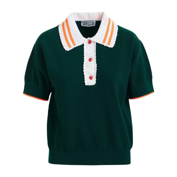 Dark green fine knit polo top with white and orange lace-trimmed collar and strawberry-shaped buttons