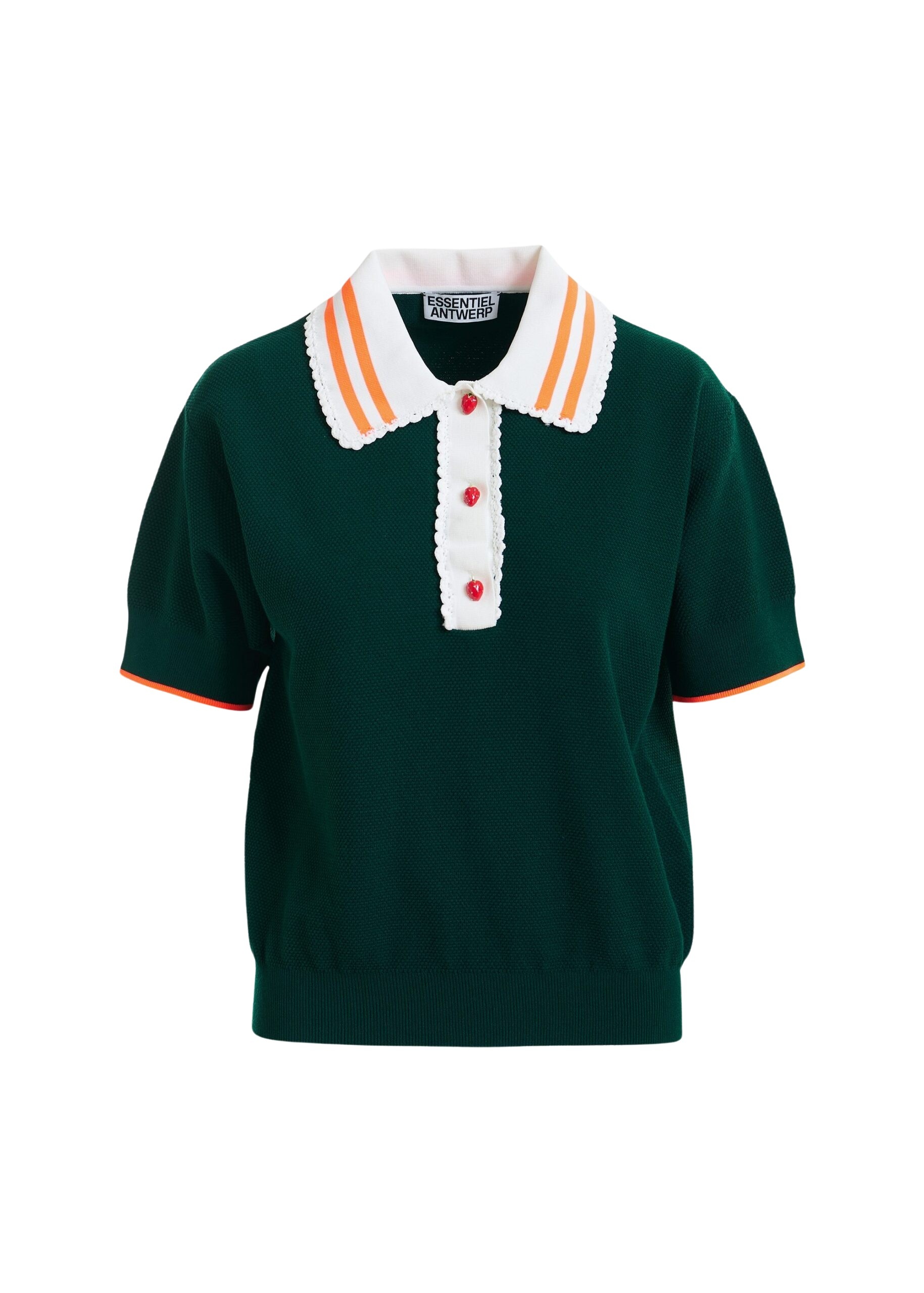 Dark green fine knit polo top with white and orange lace-trimmed collar and strawberry-shaped buttons