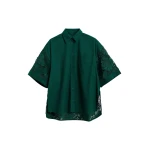 Dark green oversized cotton short-sleeve shirt with lace inserts