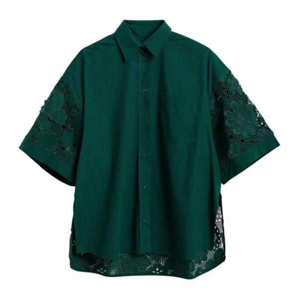 Dark green oversized cotton short-sleeve shirt with lace inserts