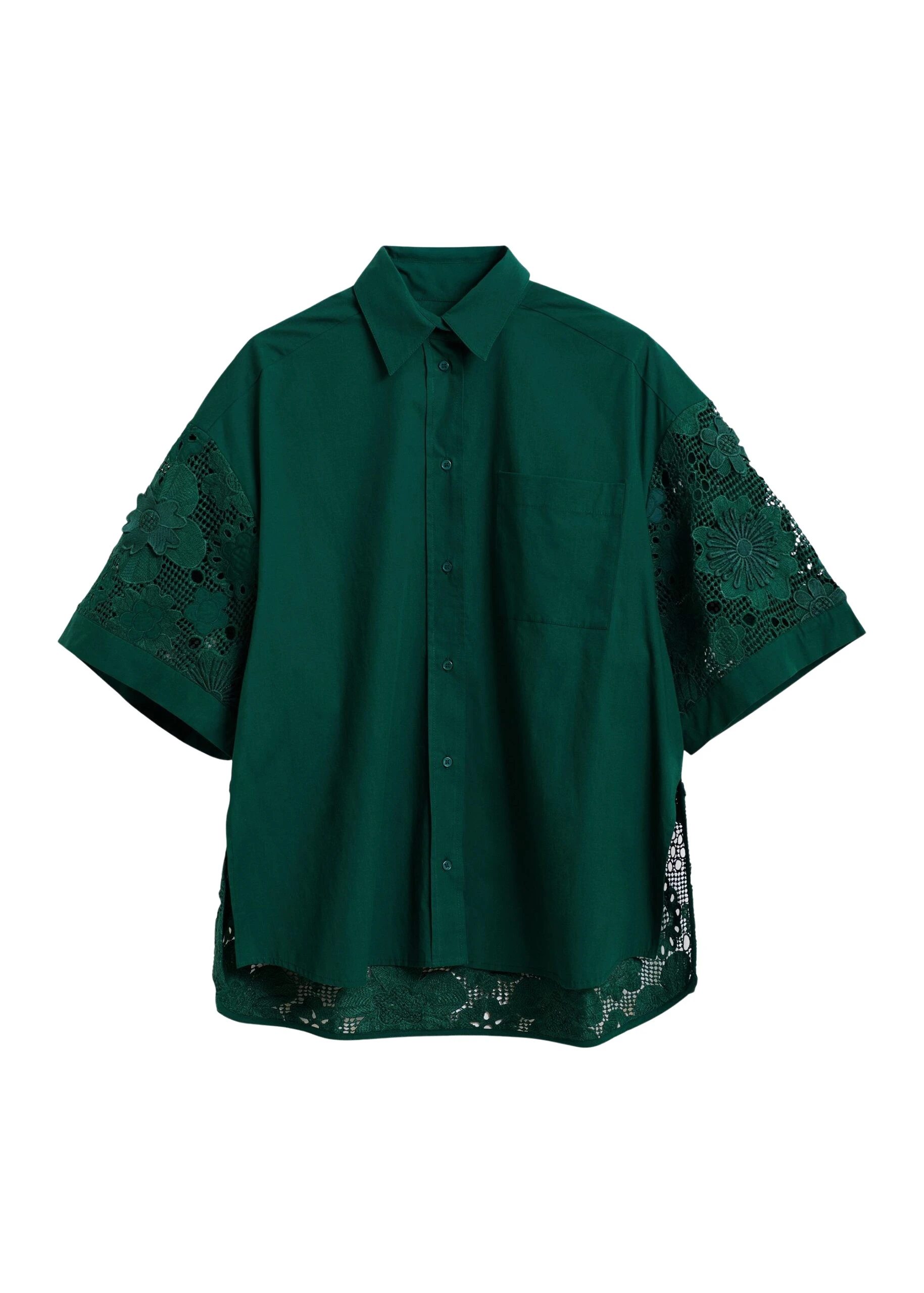 Essentiel-Antwerp-Dark-green-oversized-cotton-short-sleeve-shirt-with-lace-inserts-scaled94776_nobg Dark green oversized cotton short-sleeve shirt with lace inserts