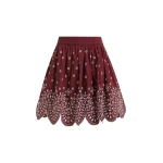 Dark red and white embroidered cotton skirt with scalloped hemline