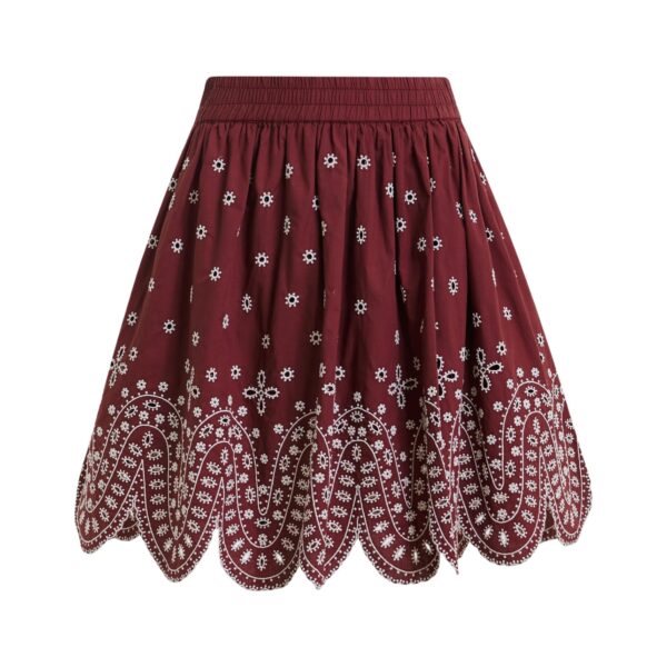Dark red and white embroidered cotton skirt with scalloped hemline