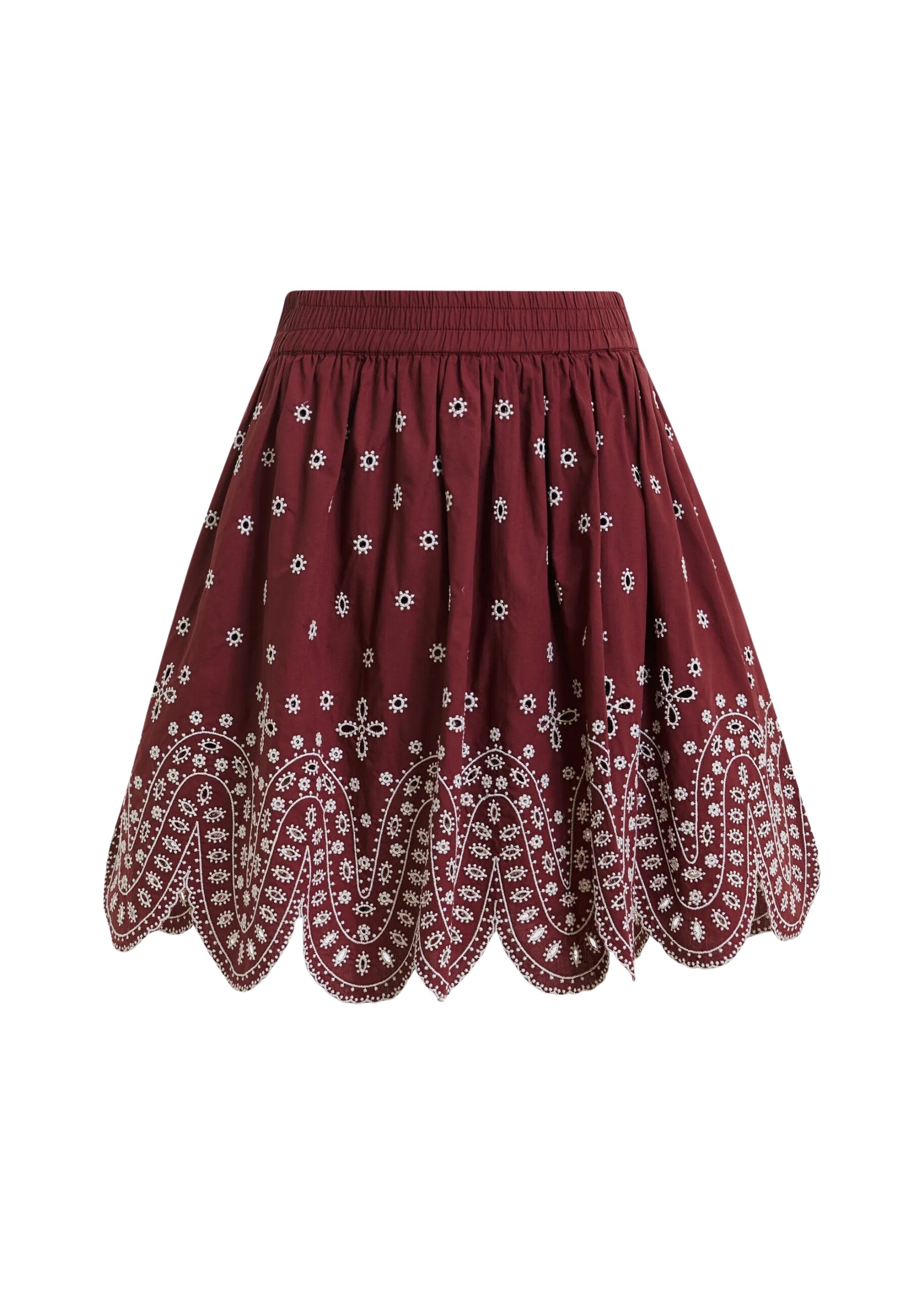 Dark red and white embroidered cotton skirt with scalloped hemline