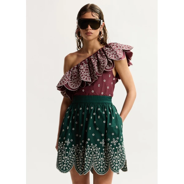 Essentiel Antwerp Dark red and white embroidered one-shoulder cotton top with ruffle detailing, view 2