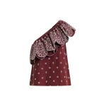 Dark red and white embroidered one-shoulder cotton top with ruffle detailing