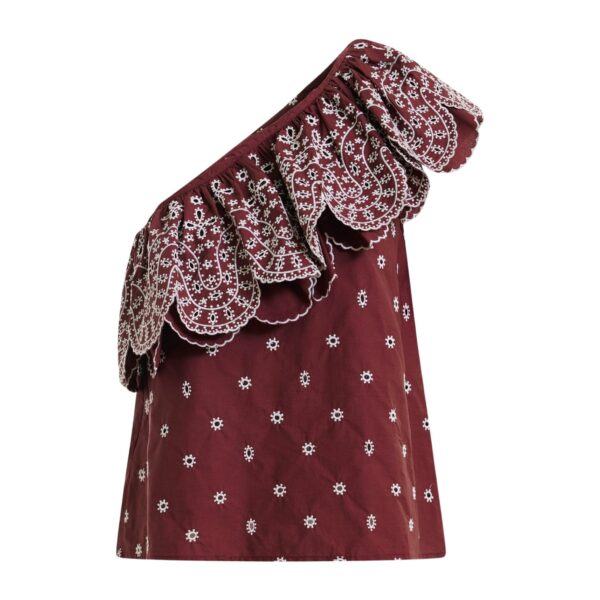 Dark red and white embroidered one-shoulder cotton top with ruffle detailing