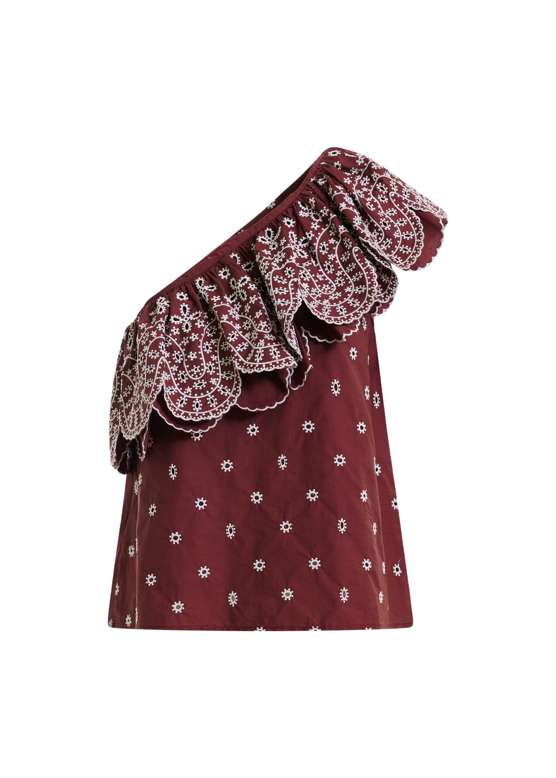Dark red and white embroidered one-shoulder cotton top with ruffle detailing
